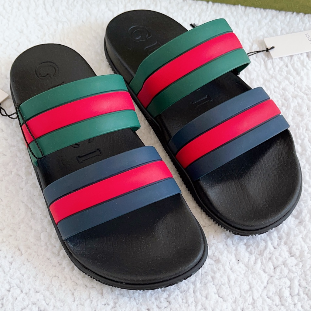 Authentic Gucci Men's Agrado Rubber Double Strap Stripe Slides Sandals